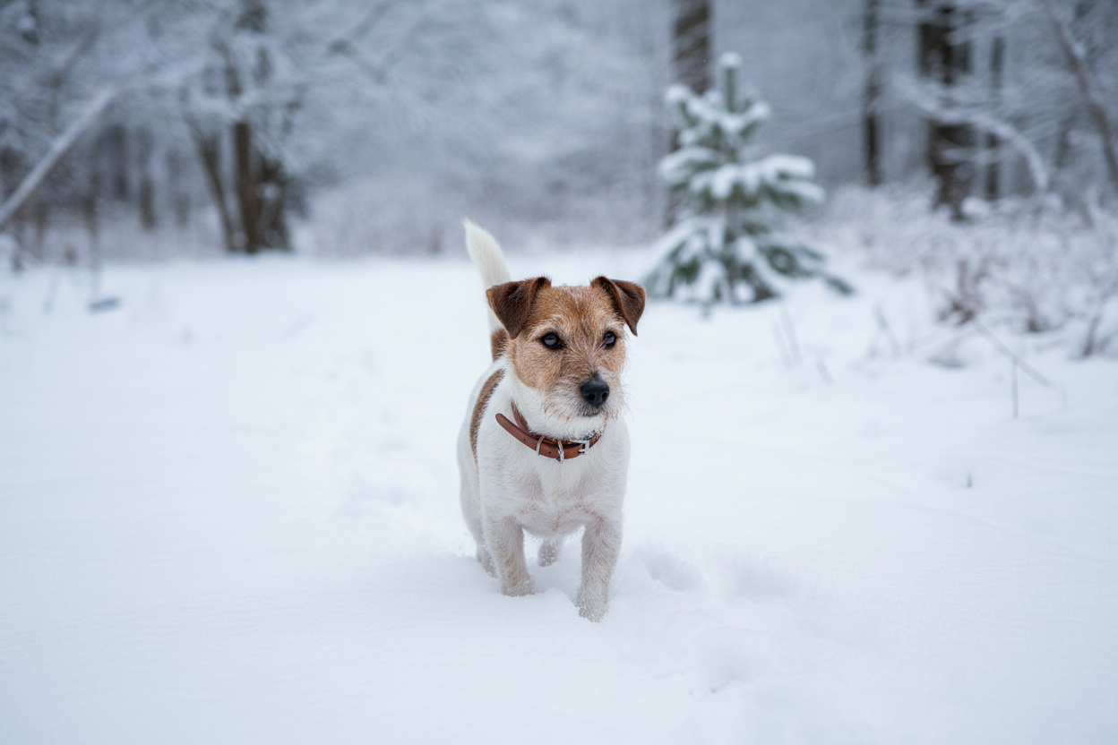 Collier pour  chien en biothane de couleur marron sur fond minimaliste avec neige au sol.