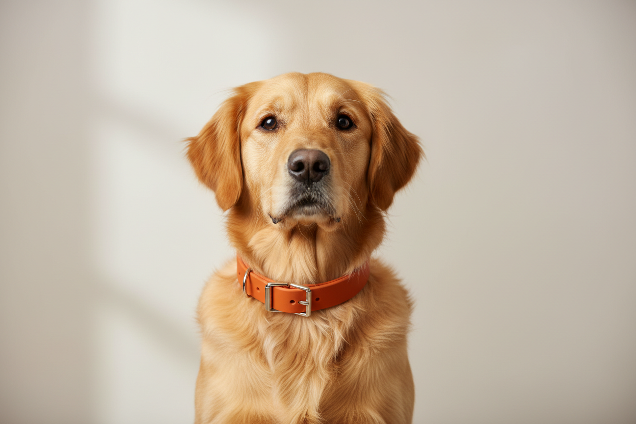 chien  golden retriever avec collier en biothane bouclerie en argent sur un fond minimaliste 